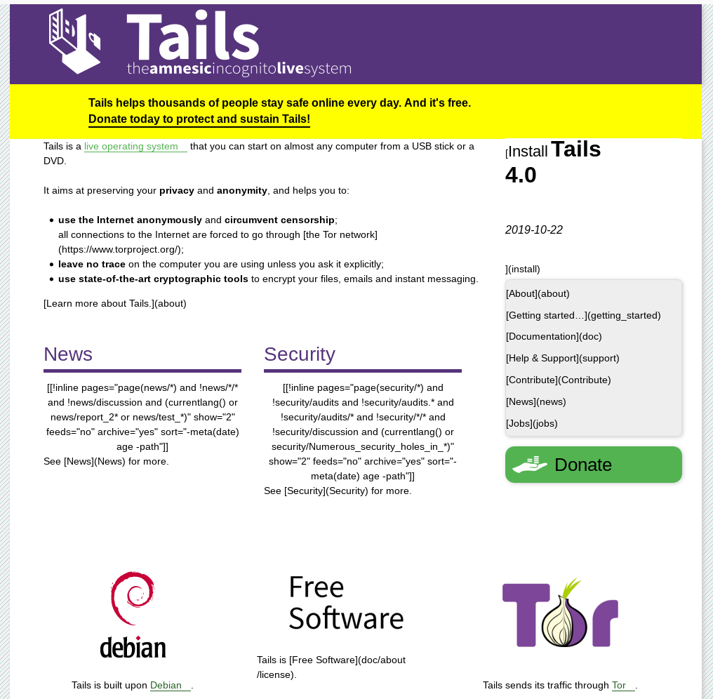 Screenshot of the Tails website built with hugo