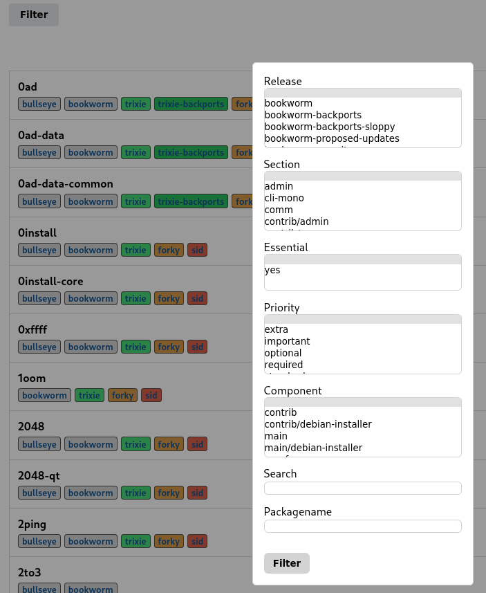 Screenshot of the filter form