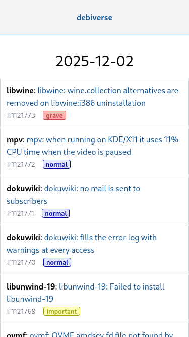 Screenshot of the debiverse bug report list