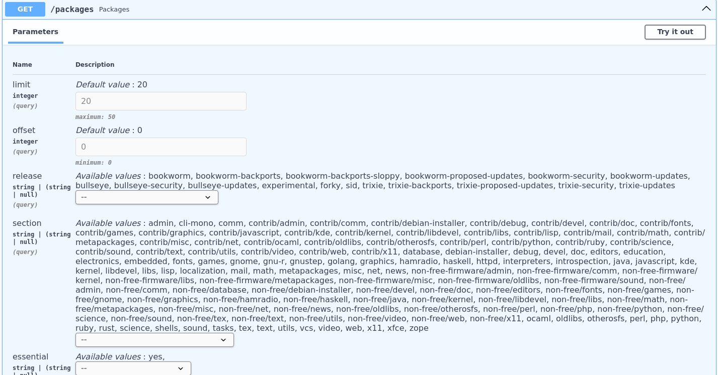 Screenshot of the debiverse swagger API